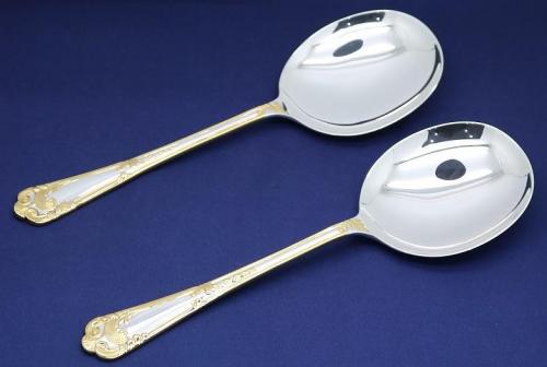 Solid Silver & Gold Embellished Large Round Bowl Serving Spoons – Pair, Carrs of Sheffield, La Régence Pattern